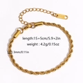 Golden twisted rope chain bracelet in stainless steel with adjustable lobster clasp - 3mm Twisted Rope Style