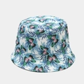 Gros plan du motif papillon et plume sur le tissu en coton du chapeau bob - M(56-58cm) / Papillon Vert Rose Plumes Bleues (Style 6)