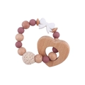 Baby teething ring with rose silicone beads, crochet ball, and heart wooden teether - Deep Bean Paste Teether