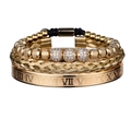 Luxury 3-piece gold jewelry set with rhinestone beads, woven strap and Roman numeral bangle - Roman Numeral Bangle Set A