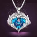 Titanium steel Ocean Heart necklace with deep blue crystal and silver winged pendant - Box Chain Heart Silver