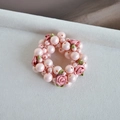 Pink fabric rose and pearl beaded hair tie accessory on a soft grey textured surface - 2# Pink Rose Faux Pearl Hair Tie