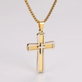 Close-up of a two-tone gold and silver layered cross pendant with a metal link chain - Large / Gold/Silver