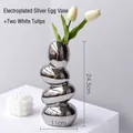 Silver pebble vase with two white tulips, creative irregular shape, 24.5cm height - Silver Vase + White Tulip
