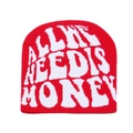 Detail of red knit beanie featuring white jacquard ALL WE NEED IS MONEY lettering - Red
