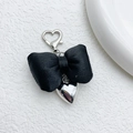 Elegant black fabric bow keychain with silver heart pendant and heart-shaped clasp - Black