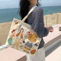 White canvas tote bag with colorful hand-drawn illustrations and a seaside view - Sports Expert