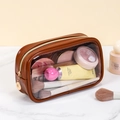 Transparente PVC Kosmetiktasche mit braunem Lederbesatz und goldenem Reißverschluss - Klein / Braun