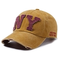 Casquette de baseball jaune moutarde délavée avec broderie NY et détails vintage usés - Réglable / Jaune