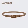 Women's genuine leather skinny belt in caramel brown with matching rectangular buckle - 105cm / Caramel color