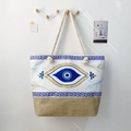 Canvas evil eye beach tote bag with jute patchwork and thick rope handles for women - 47x35x12cm / Classic Evil Eye Olive Branch