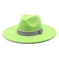 Detail of lime green wool felt fedora with black and white striped grosgrain ribbon trim - M (56-58cm) / Fruit Green