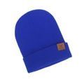 Close-up of navy blue knit beanie featuring a brown leather M logo patch detail - One Size / Blue