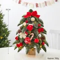 Mini árbol de Navidad de 40 cm con lazos rojos, piñas y luces LED cálidas - Versión Decorada con Luz / Abeto Noble con Puntas Blancas (Set Rojo) + Luz