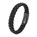 Minimalistisches doppeltes Titanstahl-Kettenarmband aus schwarzem Leder mit Magnetverschluss für Herren - 18.5cm / Schwarz + Schwarz