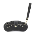 Portable black lychee grain leather sunglasses pouch with lanyard and gold snap button - Wristlet Style / Black