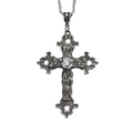Detailed view of silver gothic cross necklace with floral pattern and center gemstone - Silver Carved Cross - Clear Gemstone(AQ-4334)