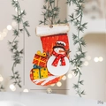 Christmas stocking shaped wooden ornament with snowman design and festive red scarf - Snowman Gift Box Wooden Stocking