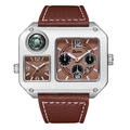 Men's fashion quartz watch with large dual-time dial, brown leather strap, and silver alloy case - Brown