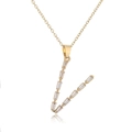 Detailed view of an 18K gold plated V letter necklace with sparkling clear zircon stones - Letter V