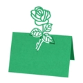 Close-up of green laser-cut 3D rose flower place card made from premium pearlescent paper - Dark Green