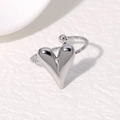Anillo abierto de acero inoxidable plateado pulido con corazón 3D y banda en espiral - Color acero