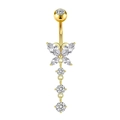 Golden butterfly navel ring with zircon stones and tassel drop dangle in 316L steel - Gold Crystal Ball Style