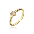 Detail of 18K gold plated beaded ring featuring a heart shaped pink zircon stone - Adjustable Open / Pink Style (10720)