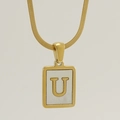Square shell necklace with golden letter U pendant on a sleek flat snake chain - Letter U