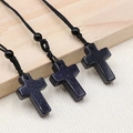Three blue goldstone cross necklaces with shimmering starry texture on black cords - Blue Sandstone (Synthetic)