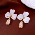 Detailed view of champagne teardrop crystal earrings with white enamel flower petals - 47# Silver Earring Post - Gold - White - Petal Champagne Drop