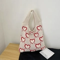 Chic cream knitted tote bag with red heart patterns for trendy daily use - Off White