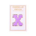 Detail of a purple chenille letter X patch with gold glitter edges and adhesive backing - Letter X / Purple