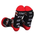 Chaussettes chat noires avec bordure rouge et texte I Can't Get Up Right Now - Le chat est sur mes genoux / Rouge & Noir
