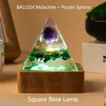 Orgone pyramid with amethyst sphere, malachite stone, and wooden LED light base - Ball024+6cm Square Lamp Base