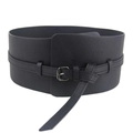 Wide black PU leather wrap waist belt with metallic buckle on white background - Black