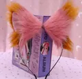 Pink and brown plush animal ear headband for Lolita cosplay on a display stand - Watermelon Red and Camel