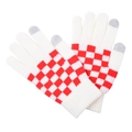 Detailed view of white knitted touchscreen gloves with red and white checkerboard pattern - Red