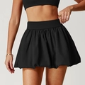High waisted black bubble hem mini skirt with elastic waistband and pleated volume design - S / Premium Black