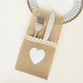 Rustic burlap cutlery holder with white lace trim and heart patch for table decor - White Heart