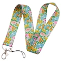 Floral print neck lanyard with blue and pink flowers and metal lobster clasp for keys - KP204-6 Blue Pink Floral Lanyard