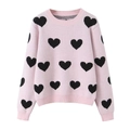 Jersey de punto rosa de manga larga con estampado jacquard de corazones negros sobre blanco - S / Rosa