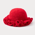 Handcrafted red crochet knit bucket hat with ruffled edges for a minimalist winter style - One Size / Red