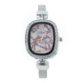Detail of silver mesh band watch with rhinestone bezel and marble pattern dial - Purple