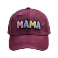 Casquette de baseball en coton délavé bordeaux avec patchs MAMA en chenille colorée - Rouge Vin - Casquette de Baseball MAMA à Lettres Colorées