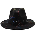 Close-up of black felt fedora hat with colorful artistic graffiti spray paint details - M (56-58cm) / Black