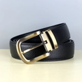 Men's black leather belt with lychee texture and antique brass pin buckle on wood - Bronze Style / 110cm