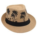 Detailed texture of woven straw fedora featuring black embroidered palm tree patterns - One Size / Khaki