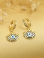 Detailed macro view of gold evil eye hoop earrings with colorful zircon stone settings - Evil Eye (E2)
