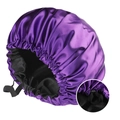 Adjustable purple satin bonnet with double layer design and elastic drawstring for hair care - Adjustable / Purple + Black
